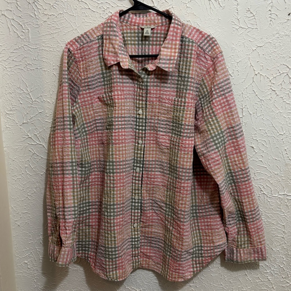 L.L. Bean Pink and Gray Plaid Casual Shirt